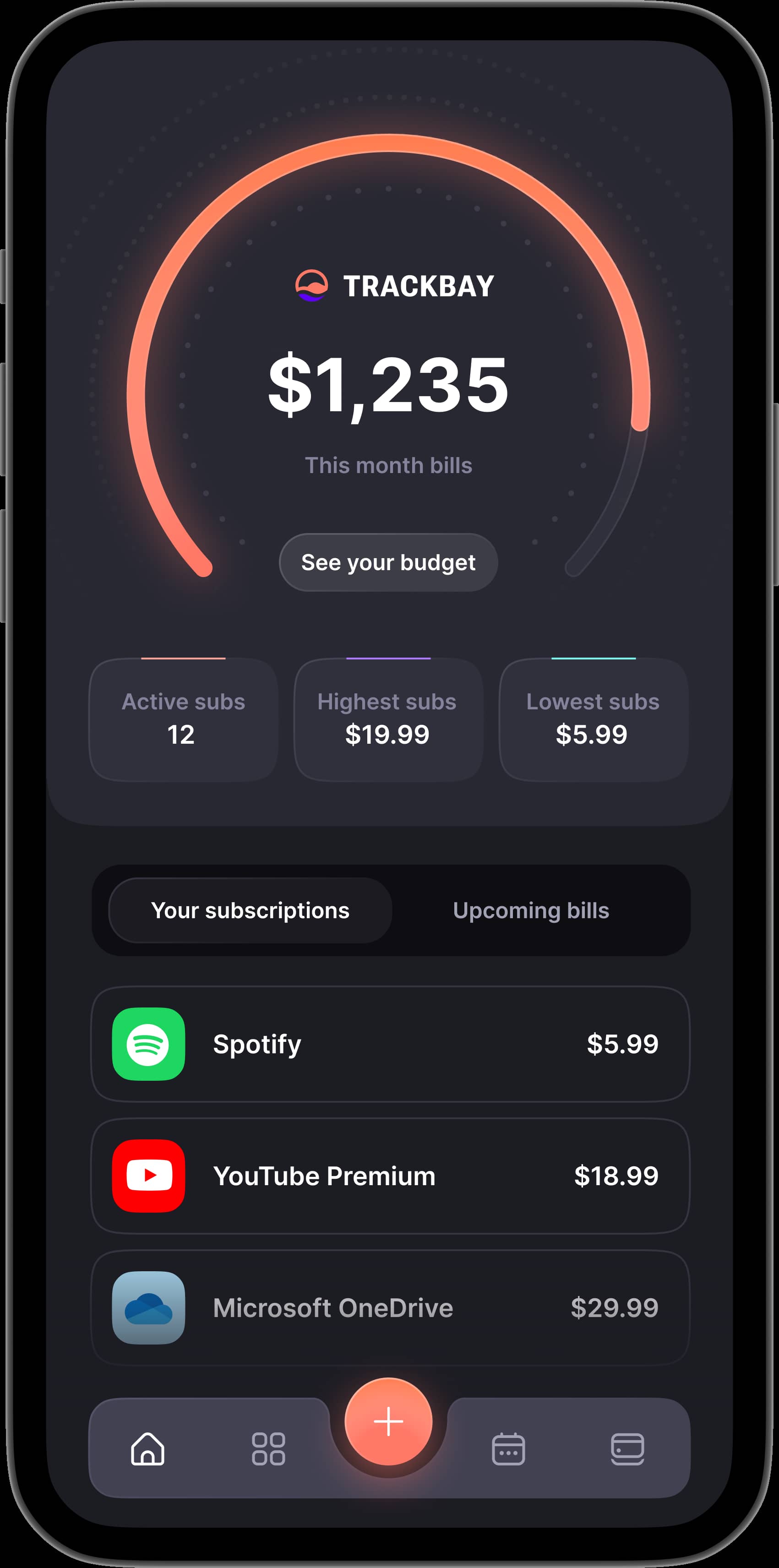 TrackBay app — subscription tracker home screen